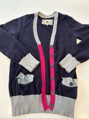 Element Navy Cardigan with Gray Trim and Pink Button Placket